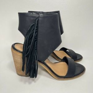 Very Volatile Leather Tassel Heeled Sandal Black Open Toe Womens Size 8